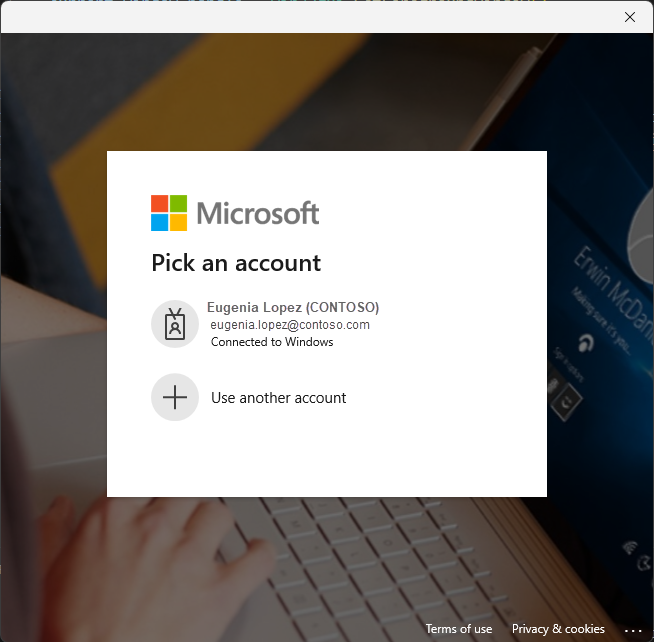A screenshot that shows the Windows sign-in experience when using a broker-enabled InteractiveBrowserCredential instance to authenticate a user.