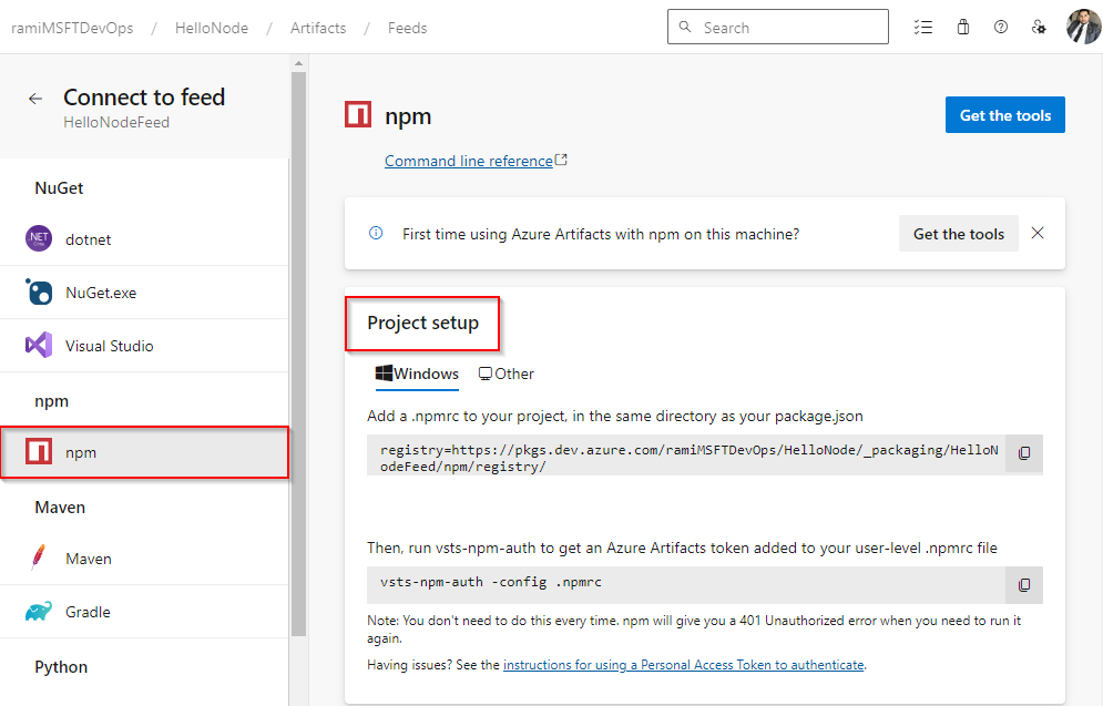 A screenshot displaying how to set up an npm project and connect to a feed in Azure DevOps Services.