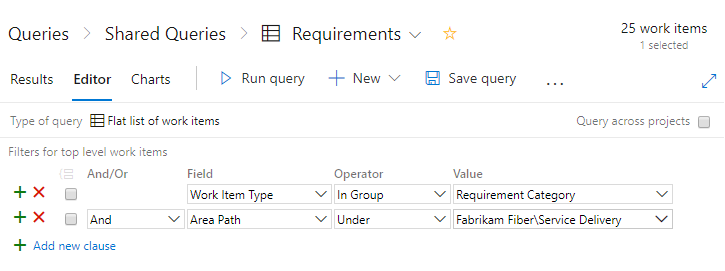 Screenshot shows Requirement category query.