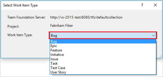Screenshot that shows how to select the work item type in the Select Work Item Type dialog in Visual Studio.