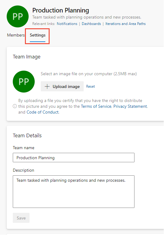 Screenshot of Team Settings dialog.