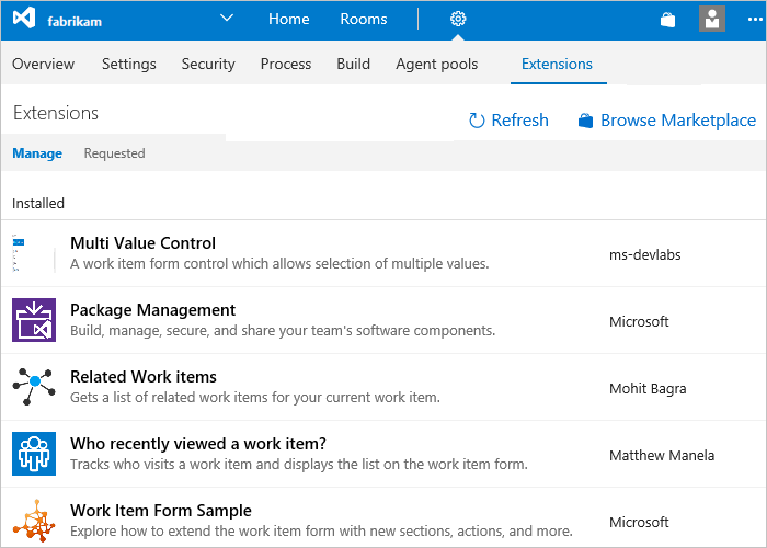 Screenshot of Organization settings, Extensions page.