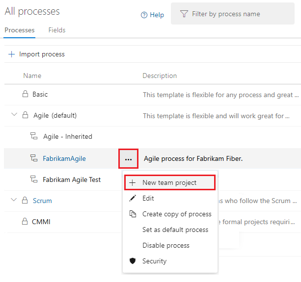 Screenshot of creating a project from the selected process.
