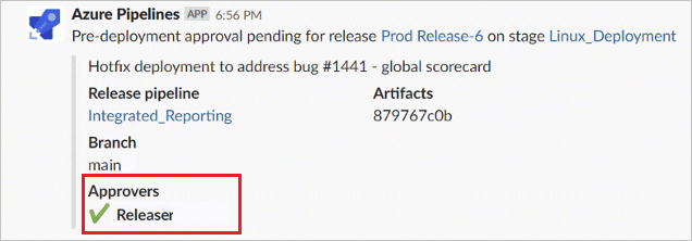 Screenshot of a predeployment pipeline approved in Slack.