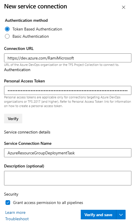Screenshot that shows how to configure a new service connection for a deployment task.