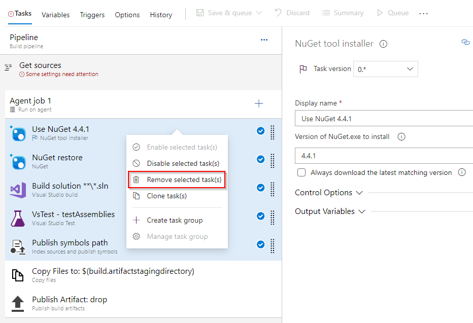 Screenshot that shows how to delete multiple pipeline tasks.