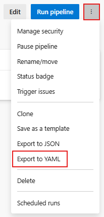 A screenshot displaying how to export a Classic pipeline to YAML.