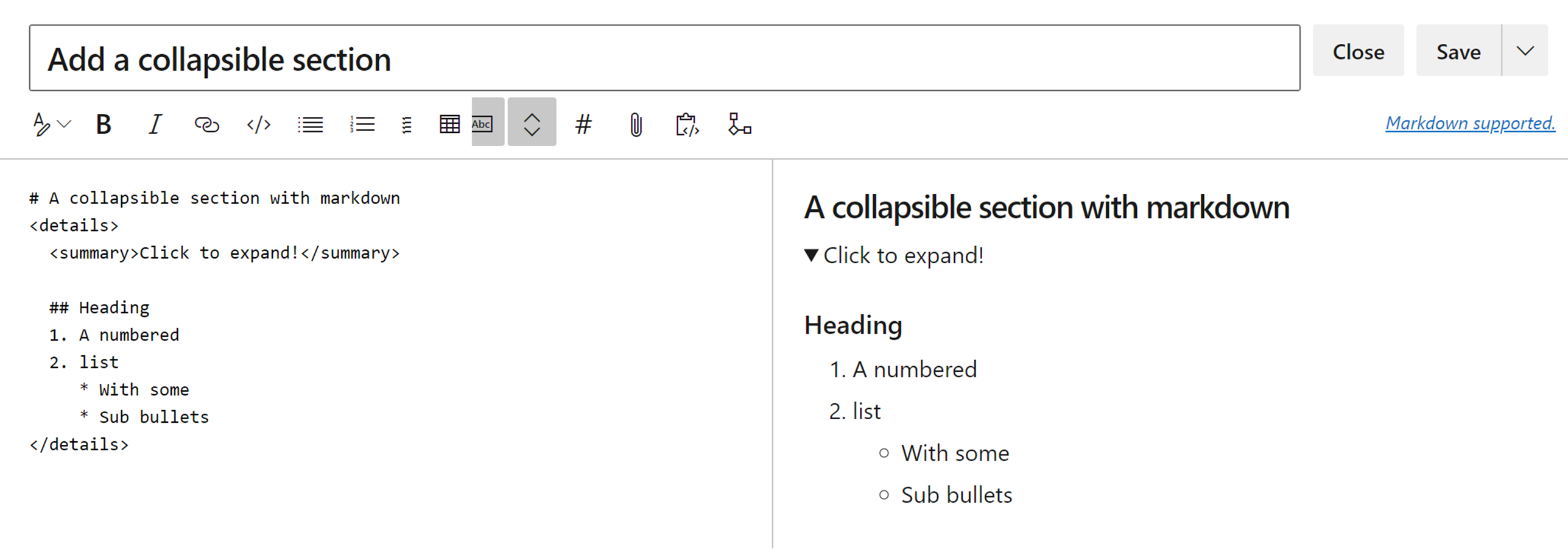 Screenshot of the Mermaid Live Editor with the code for a collapsible section and a preview of the published view.