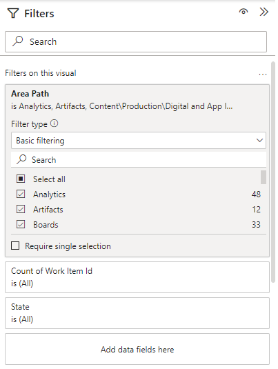 Screenshot of Power BI Filters, select Area Paths.
