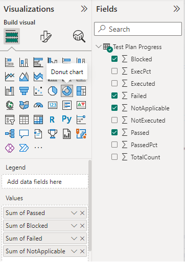 Screenshot of visualization fields selections for test progress run report.