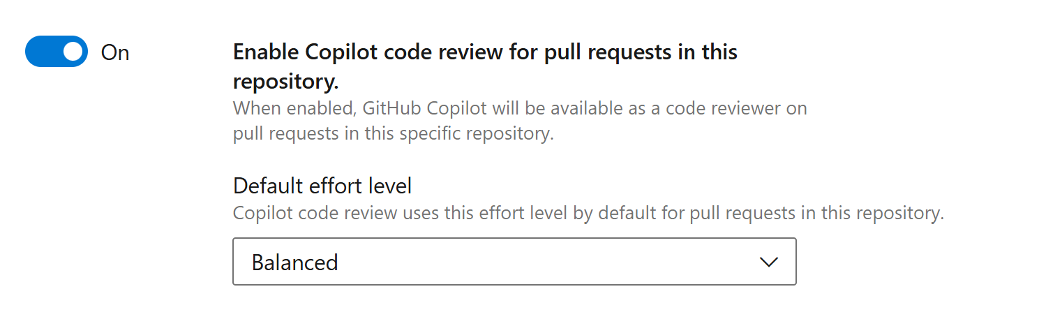 Repository settings page with the Enable Copilot code review for pull requests toggle set to On.