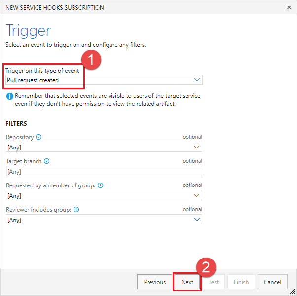 Screenshot showing Pull request created selected from the list of event triggers.