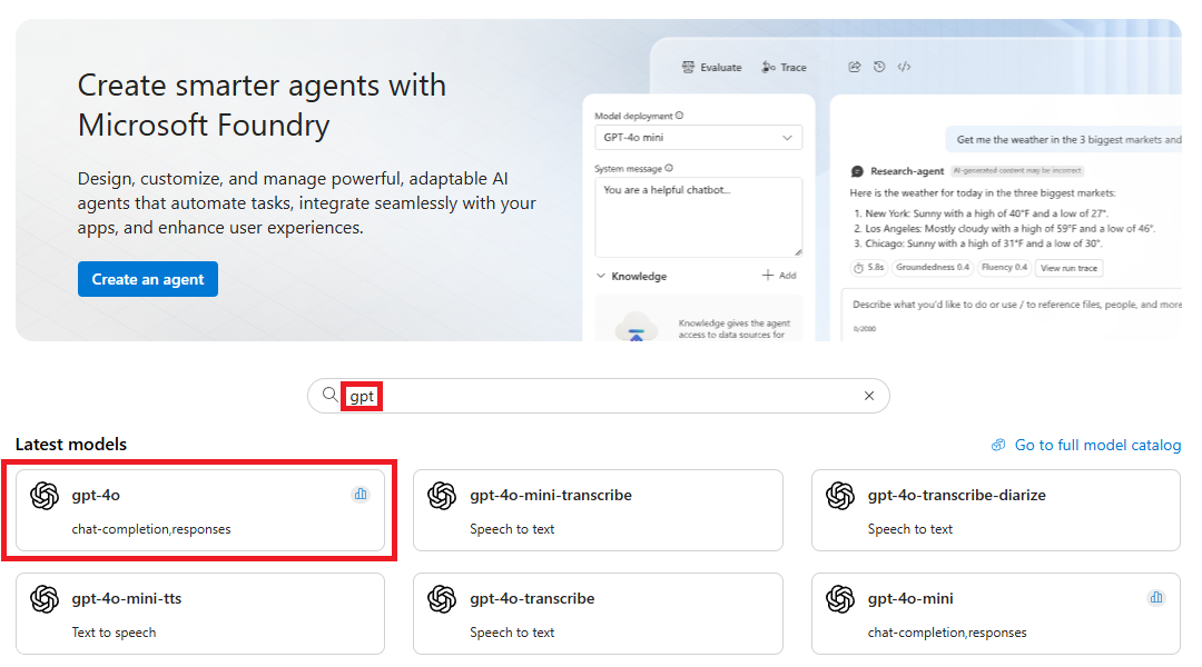 Screenshot shows how to start with a model in Foundry portal.