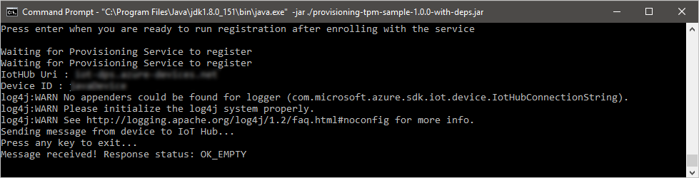 Screen capture of a Command Prompt window showing output from the Java sample code.
