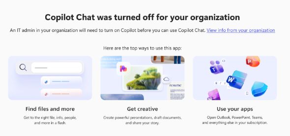 Screenshot: Image showing what users will see if they've been blocked from Copilot by their administrator