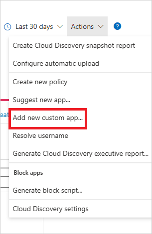 Screenshot of the Action menu with the Add new custom app option selected.