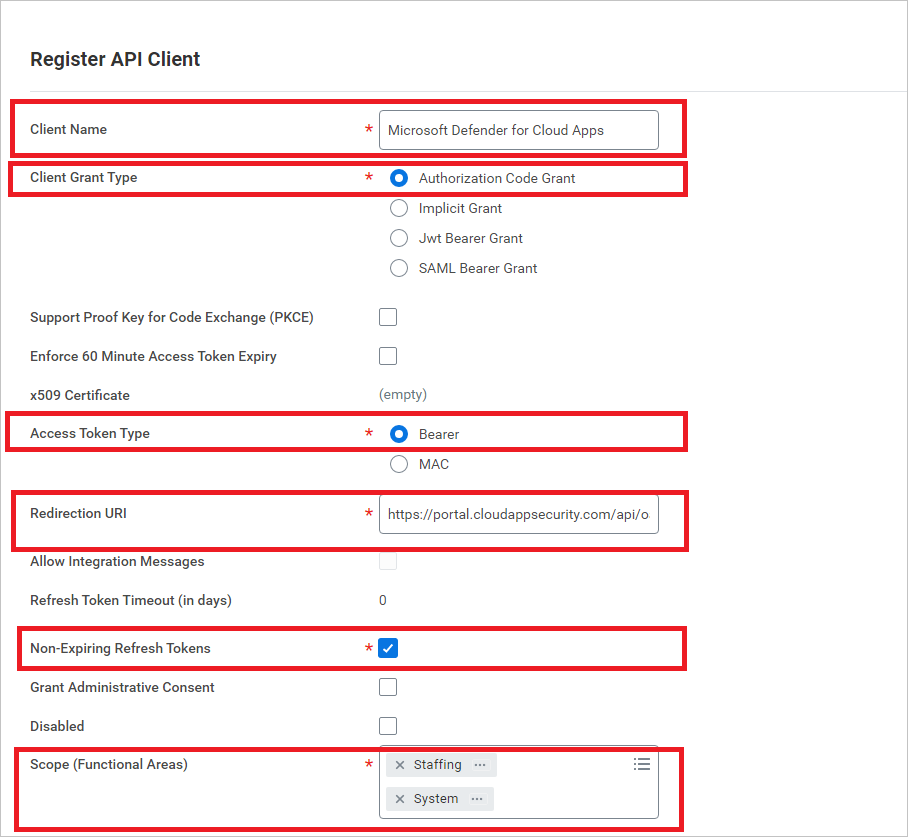 Screenshot of the Workday Register API Client page with client name, grant type, and scope fields.