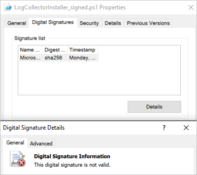 Screenshot showing an invalid digital signature verification result.
