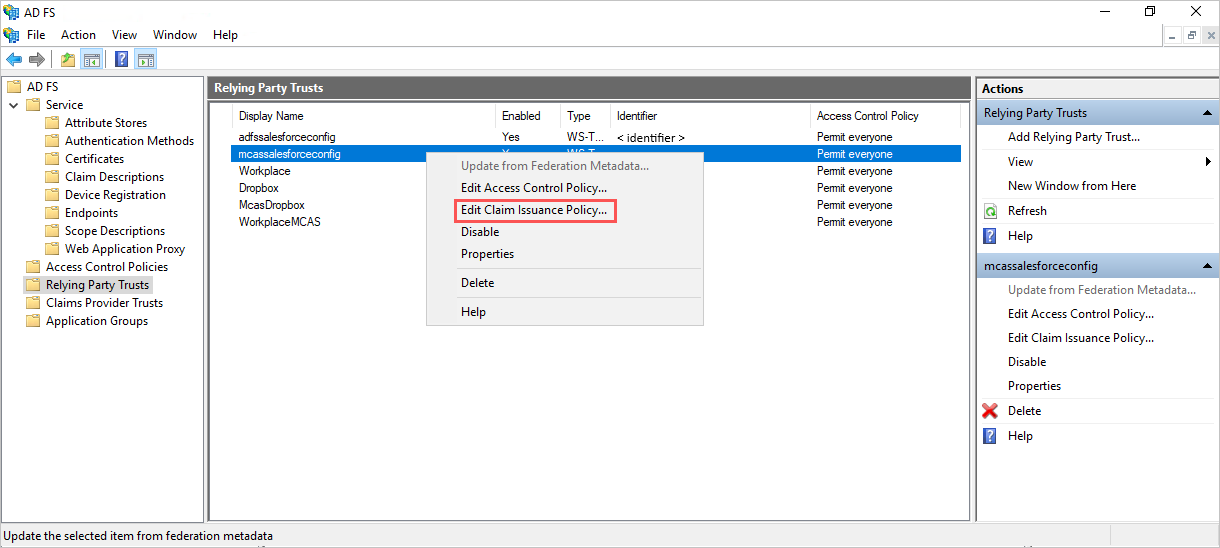 Screenshot of AD FS Management console with the relying party trust context menu showing the Edit Claim Issuance Policy option.
