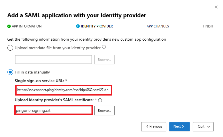 Screenshot of the Defender for Cloud Apps identity provider page showing the SSO service URL and SAML certificate fields.