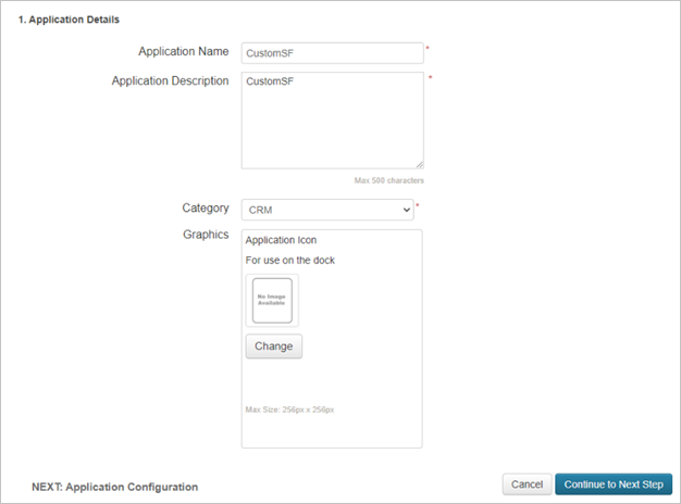 Screenshot of the custom Salesforce app Application Details form in PingOne.