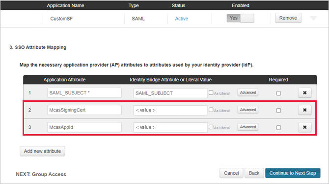 Screenshot of the custom Salesforce app attribute mapping with Defender for Cloud Apps attributes added.