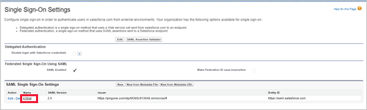 Screenshot of the Salesforce Single Sign-On Settings page with the SAML 2.0 configuration selected.