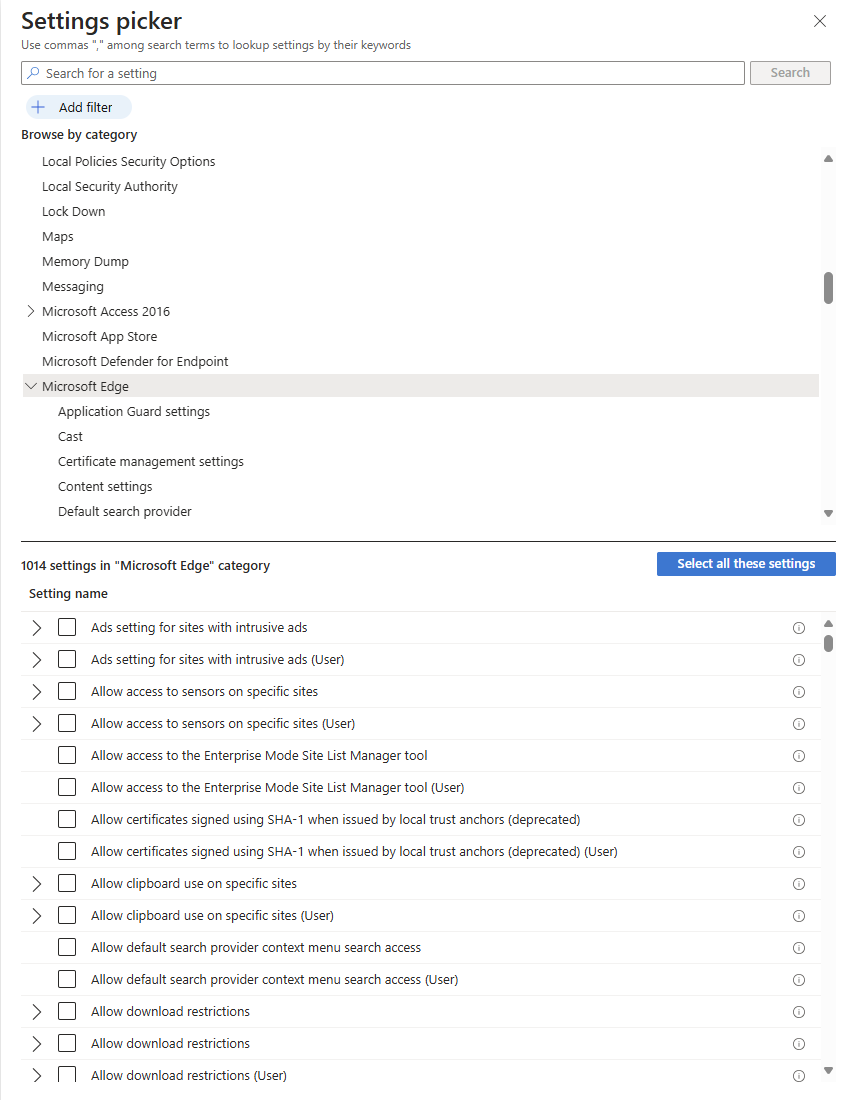 Settings picker