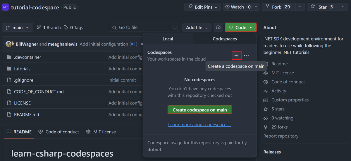 Create a new Codespace from the tutorial repository
