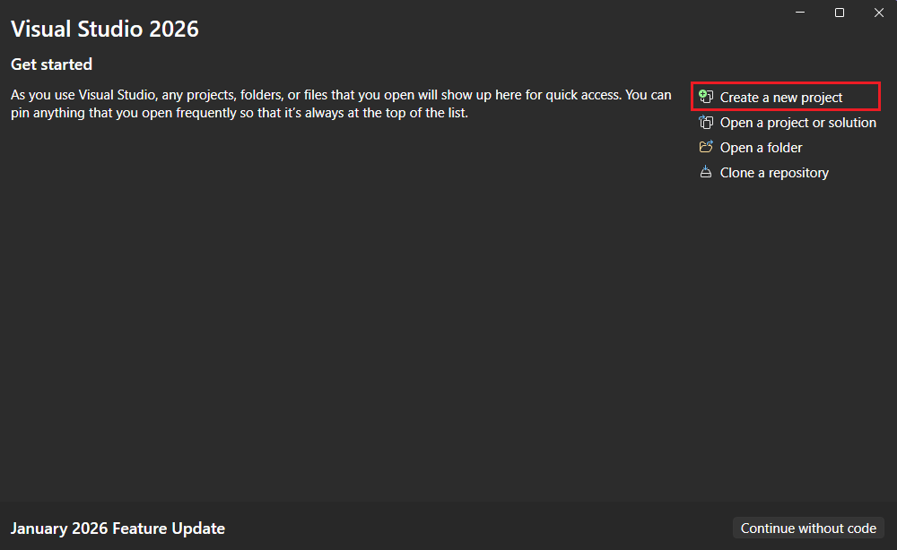 Create a new project button selected on the Visual Studio start page