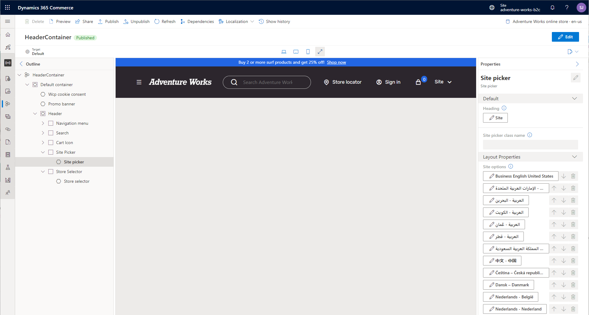 Skærmbillede af et webstedsvælgermodul i et headerfragment.