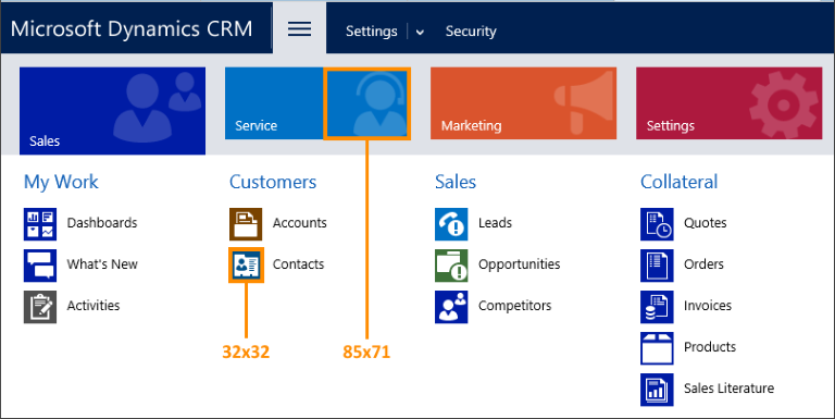 Pixelstørrelser af ikonerne i Dynamics 365 Customer Engagement.