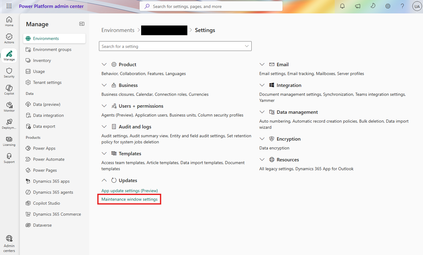 Screenshot of the Maintenance Settings option in the updates section.