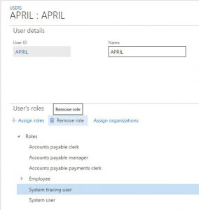Screenshot of assigning trace rights to a user.