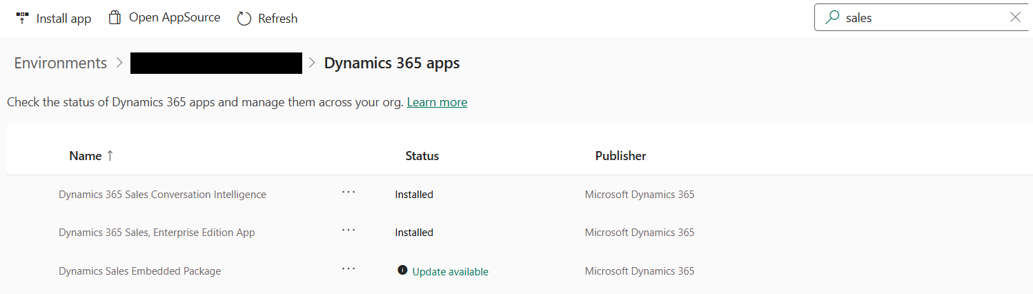 Skærmbilledet af Power Platform Administration, der viser listen over Dynamics 365 apps under Resources.