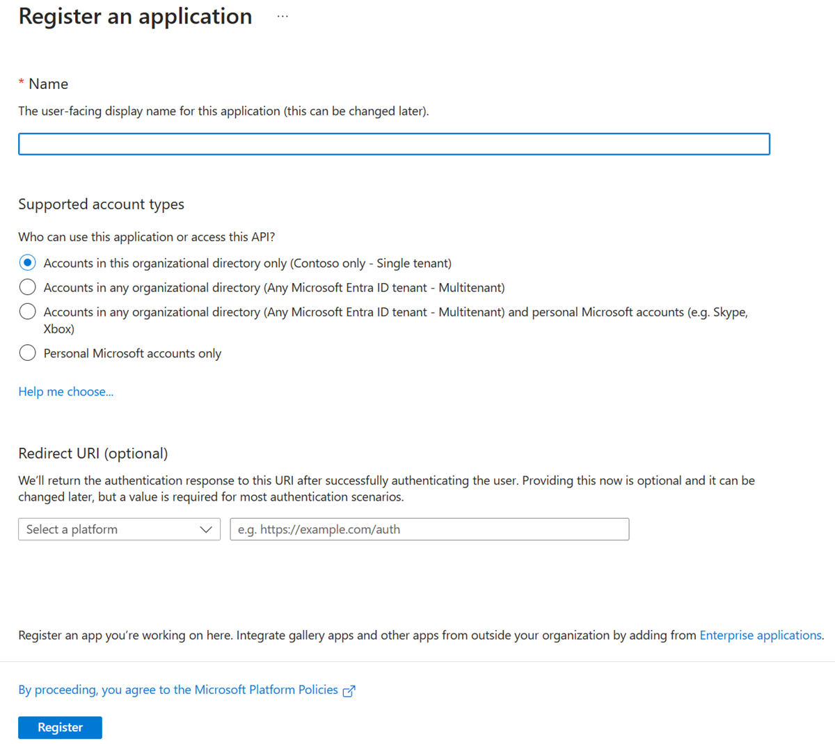 Screenshot that shows the app registration creation page in the Microsoft Entra admin center.