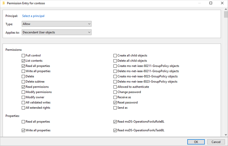 Set the appropriate permissions in Active Users and Computers for the account that Microsoft Entra Connect uses.