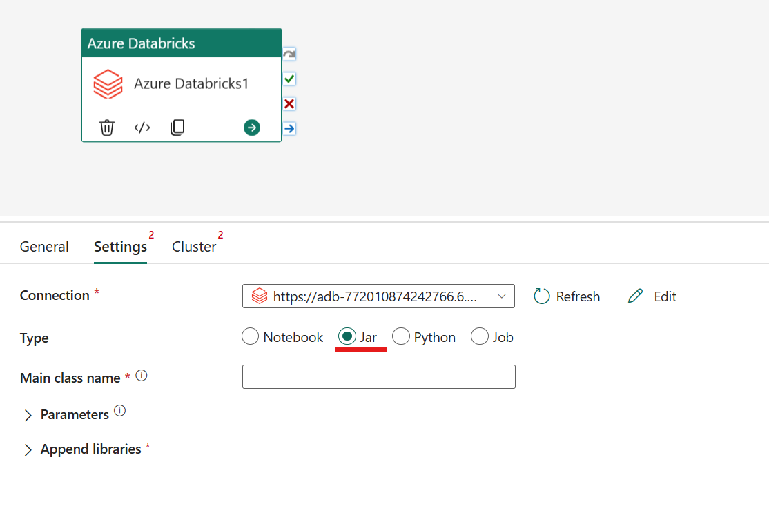 Skærmbillede, der viser Jar-typen for Azure Databricks-aktiviteten.