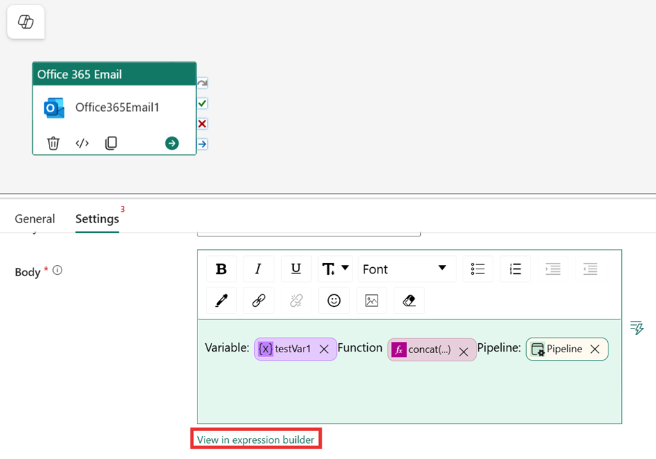 Skærmbillede af en Outlook-aktivitet med mulighed for at få vist i udtryksgenerator.