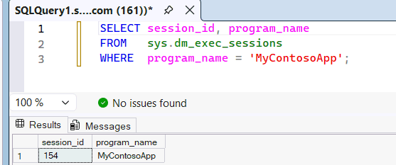 Skærmbillede fra SQL Server Management Studio, der viser resultaterne af forespørgslen på sys.dm_exec_sessions og sessionen identificeret med programnavnet MyContosoApp.