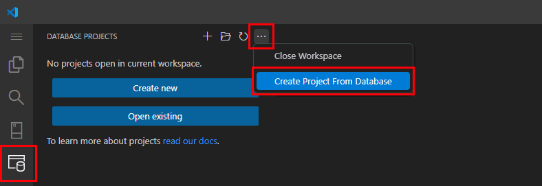 Skærmbillede fra Visual Studio Code viser muligheden Opret projekt fra databasen.