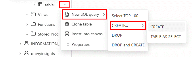 Skærmbillede fra Fabric-portalen, der viser, hvordan du scripter T-SQL for et databaseobjekt.