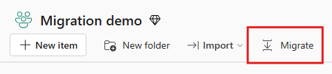 Skærmbillede fra Fabric-portalen på knappen Overfør i elementhandlingsdækket.