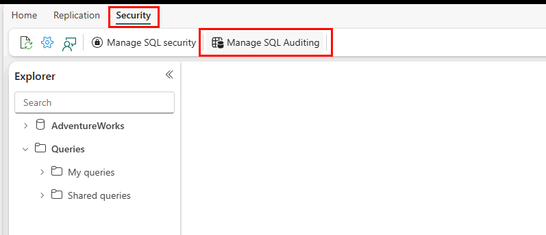 Tag et screenshot fra Fabric-portalen, der viser fanen Sikkerhed, og knappen Administrer SQL-audit.