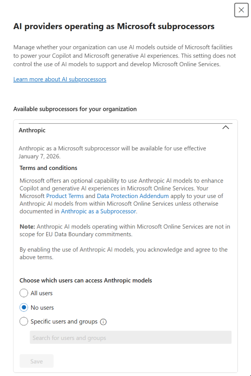 Skærmbillede af valget i brugergrænsefladen i Microsoft 365 Administration til at bruge Anthropic modeller