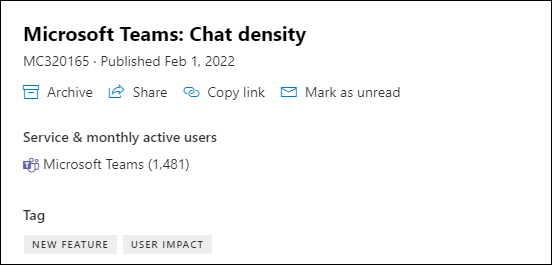Skærmbillede: Viser tæthedssiden for Microsoft Teams-chat i meddelelsescenteret med månedlige aktive brugerdata.