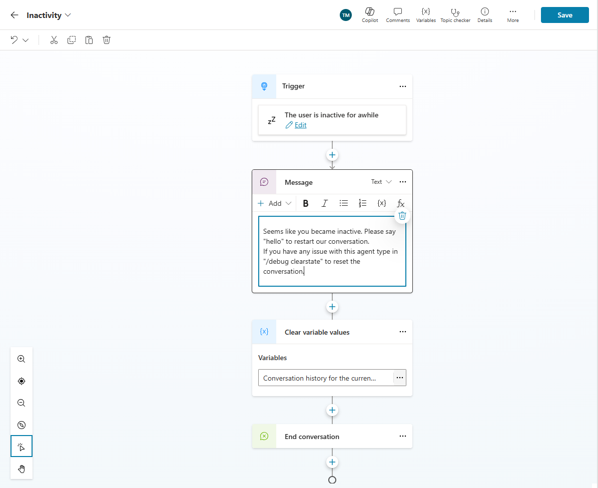 Skærmbillede af Copilot Studio-emneeditor, der viser et workflow til nulstilling ved inaktivitet med noderne udløser, besked, Ryd variabelværdier og afslut samtaler.