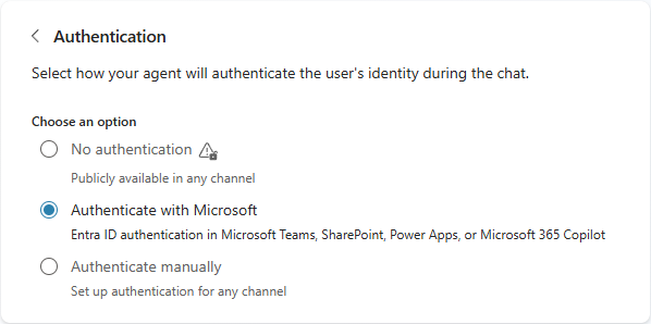 Skærmbillede af autentificeringskonfigurationspanelet med 'Autentificér med Microsoft'-muligheden valgt.
