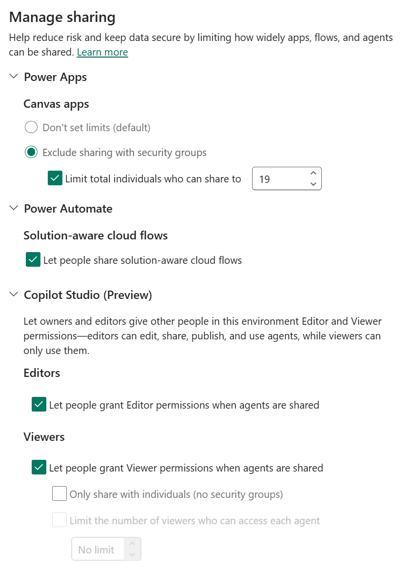 Delingsgrænser for Copilot Studio placeret i et administreret miljøs kontrolpanel.