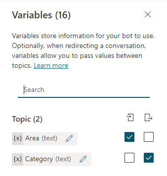 Skærmbillede af Variabler-panelet med to variabler og en kombination af input og output.